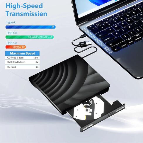 External Blu Ray CD DVD Drive, USB 3.0 Type-C 3D Bluray CD DVD Reader Slim Optical Bluray DVD Drive for MacBook Laptop Desktop PC Laptop Compatible with Mac OS Windows XP/7/8/10/11 in Kuwait