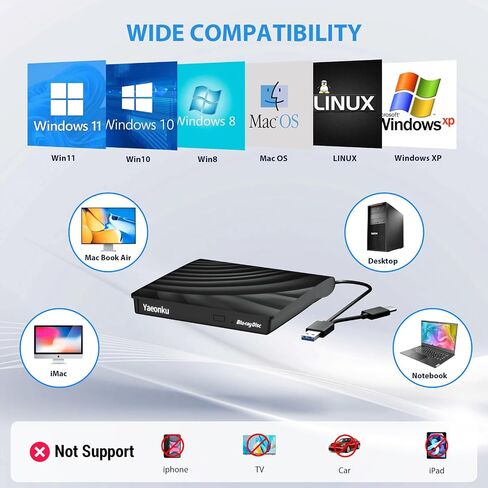External Blu Ray CD DVD Drive, USB 3.0 Type-C 3D Bluray CD DVD Reader Slim Optical Bluray DVD Drive for MacBook Laptop Desktop PC Laptop Compatible with Mac OS Windows XP/7/8/10/11 in Kuwait