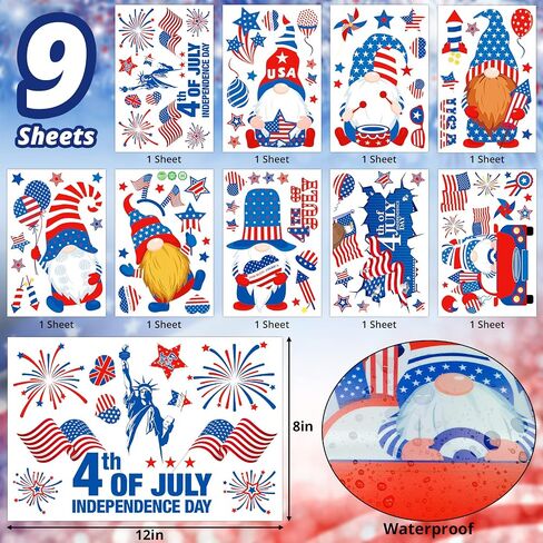 4th of July Window Clings 9 Sheets for Glass,4th of July Gnome Window Decoration,Independence Day Decor Decals for Home,Double-Sided USA 4th of July Party Favor Supplies in Saudi Arabia