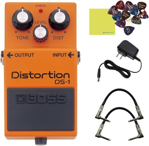 حزمة دواسة التشويه Boss DS-1 مع 2x Strukture S6P48 كابلات التصحيح ذات الزاوية اليمنى المنسوجة، 12x مختارات جيتار فيندر، محول طاقة 9 فولت وقماش تلميع أدوات الصوت السائل in Saudi Arabia
