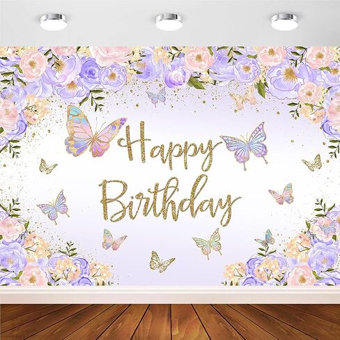Avezano Purple Butterfly Birthday Backdrop for Girl's Purple Peach Floral Pastel Butterflies Birthday Background Pink Lilac Purple Gold Wishes and Butterfly Kisses Party Decorations Photoshoot (7x5ft) in Saudi Arabia
