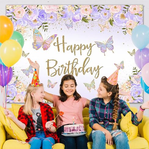 Avezano Purple Butterfly Birthday Backdrop for Girl's Purple Peach Floral Pastel Butterflies Birthday Background Pink Lilac Purple Gold Wishes and Butterfly Kisses Party Decorations Photoshoot (7x5ft) in Saudi Arabia