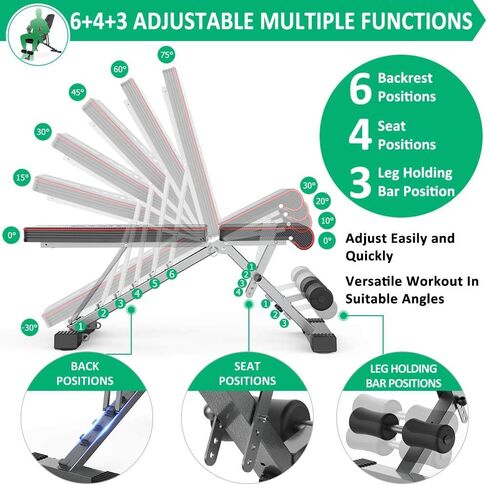 Adjustable Weight Bench for Bench Press, 880LBS Stable Workout Bench with Bench Press Rod/Extended Head, Foldable 90 Degree Weight Benches for Home Gym, Incline/Decline Bench Exercise Bench in Kuwait