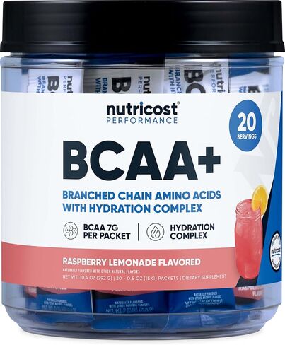Nutricost BCAA+ Hydration Raspberry Lemonade (20 Stickpacks) - Branched Chain Amino Acids with Hydration Complex - Gluten-Free, Non-GMO in Saudi Arabia