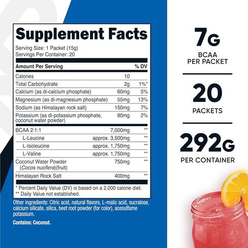 Nutricost BCAA+ Hydration Raspberry Lemonade (20 Stickpacks) - Branched Chain Amino Acids with Hydration Complex - Gluten-Free, Non-GMO in Saudi Arabia