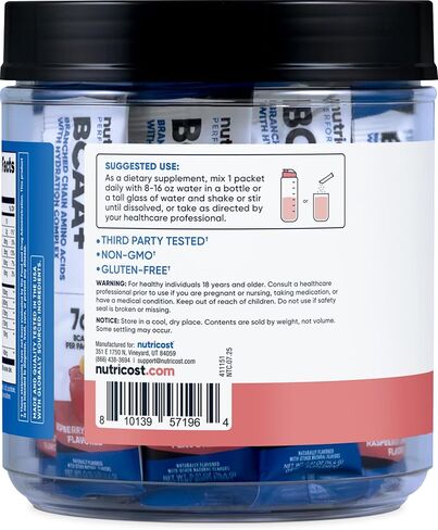 Nutricost BCAA+ Hydration Raspberry Lemonade (20 Stickpacks) - Branched Chain Amino Acids with Hydration Complex - Gluten-Free, Non-GMO in Saudi Arabia