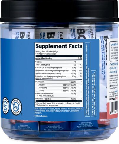 Nutricost BCAA+ Hydration Raspberry Lemonade (20 Stickpacks) - Branched Chain Amino Acids with Hydration Complex - Gluten-Free, Non-GMO in Saudi Arabia