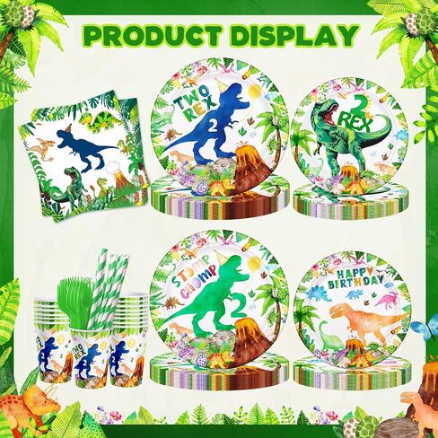 Dinosaur Birthday Party Supplies 3 Year Old Boy Three Rex Plates Napkins and Cups Banners Table Cloth Three Rex Birthday Party Decorations for Boys T-Rex 3 Rex Dinosaur Birthday Party Supplies in Kuwait