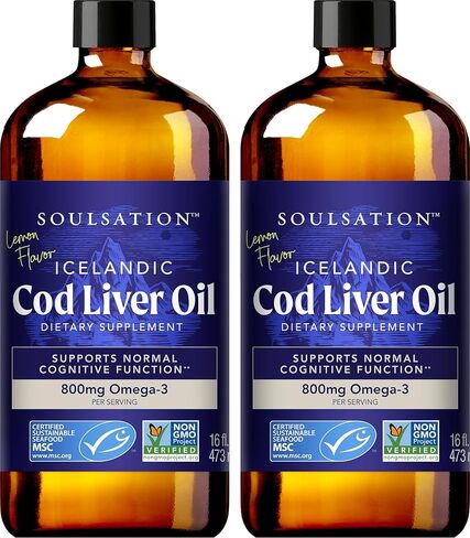Cod Liver Oil Liquid, Lemon (16oz) - Vitamins A & D, EPA & DHA - Helps Vision, Skin Membranes & Immune Function - MSC Certified, Non-GMO in Saudi Arabia