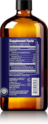Cod Liver Oil Liquid, Lemon (16oz) - Vitamins A & D, EPA & DHA - Helps Vision, Skin Membranes & Immune Function - MSC Certified, Non-GMO in Saudi Arabia