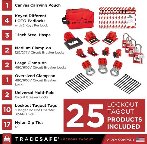 TRADESAFE Breaker Lockout Tagout Electrical Loto Kit, 120/277V to 480/600V Circuit Breaker Lockout, Hasps, Lockout Tags, Keyed Different Red Loto Locks (2 Keys Each); Devices for Station Refill in Kuwait