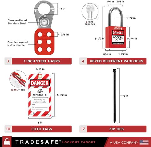 TRADESAFE Breaker Lockout Tagout Electrical Loto Kit, 120/277V to 480/600V Circuit Breaker Lockout, Hasps, Lockout Tags, Keyed Different Red Loto Locks (2 Keys Each); Devices for Station Refill in Kuwait