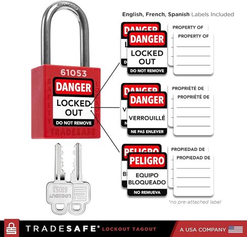 TRADESAFE Breaker Lockout Tagout Electrical Loto Kit, 120/277V to 480/600V Circuit Breaker Lockout, Hasps, Lockout Tags, Keyed Different Red Loto Locks (2 Keys Each); Devices for Station Refill in Kuwait