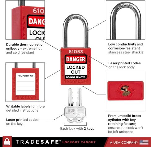TRADESAFE Breaker Lockout Tagout Electrical Loto Kit, 120/277V to 480/600V Circuit Breaker Lockout, Hasps, Lockout Tags, Keyed Different Red Loto Locks (2 Keys Each); Devices for Station Refill in Kuwait