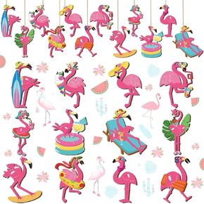 36 Pcs Flamingo Ornaments Tropical Palm Leaves Floral Flower Wooden Hanging Tree Ornament for Summer Hawaiian Beach Luau Aloha Birthday Bachelorette Wedding Bridal Shower Party Decorations in Kuwait