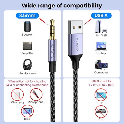 MOSWAG USB to 3.5mm TRS Audio Jack Adapter with Microphone, 3.28FT/1Meter USB Male to 3.5mm AUX Stereo Audio Cable, Nylon Braided USB to AUX Converter for PC, Laptop, Windows, Speaker, Headphones in Kuwait