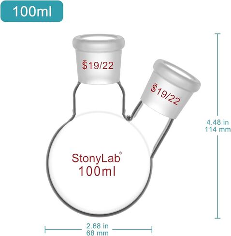 StonyLab زجاج 500 مل جدار ثقيل 2 رقبة مستديرة قارورة RBF، مع مركز 19/22 ومفصل خارجي مدبب قياسي جانبي - 500 مل in Kuwait