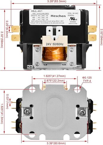 موصل محرك HVAC، HSJL-40/3، 3 أقطاب، 40 أمبير، ملف 24VAC 50/60 هرتز، لمكيف الهواء، المضخة الحرارية، أنظمة التبريد، مدرج في قائمة UL in Saudi Arabia