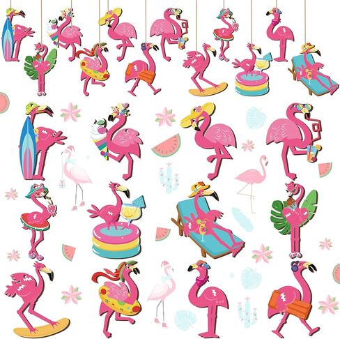36 Pcs Flamingo Ornaments Tropical Palm Leaves Floral Flower Wooden Hanging Tree Ornament for Summer Hawaiian Beach Luau Aloha Birthday Bachelorette Wedding Bridal Shower Party Decorations in Kuwait