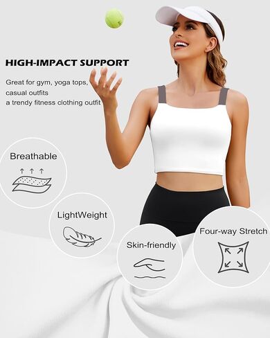 XUNYU حمالات صدر رياضية طويلة للنساء - قمصان بدون أكمام للتمرين برقبة مربعة مع حمالة صدر مدمجة وقمصان يوجا رياضية in Kuwait