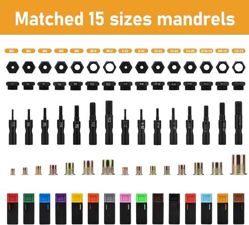 تشكيلة صواميل البرشام SAE، VIGRUE 185pcs #8-32#10-24 1/4"-20 5/16"-18 3/8"-16 304 طقم صواميل من الفولاذ المقاوم للصدأ، رأس مسطح ملولب إدراج الجوز متنوعة in Kuwait