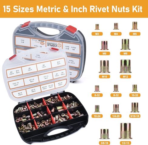 تشكيلة صواميل البرشام SAE، VIGRUE 185pcs #8-32#10-24 1/4"-20 5/16"-18 3/8"-16 304 طقم صواميل من الفولاذ المقاوم للصدأ، رأس مسطح ملولب إدراج الجوز متنوعة in Kuwait