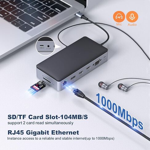 قاعدة توصيل للكمبيوتر المحمول USB C، محور 14 في 1 من النوع C مع 3 شاشات، HDMI مزدوج، VGA، PD، إيثرنت، SD/TF، ​​منافذ USB C/A، ميكروفون/صوت، دونجل محول متعدد المنافذ متوافق مع MacBook/Dell/HP/ لاب توب لينوفو in Kuwait