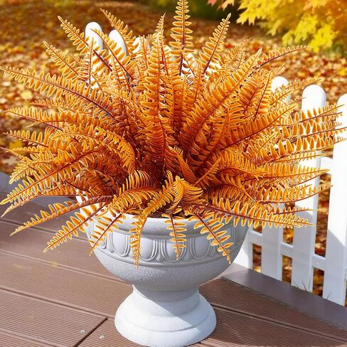 Uieke 6PCS Artificial Fall Flowers Outdoor UV Resistant, 3PCS Fall Fake Plants with 3PCS Autumn Boston Fern Plants Bushes for Outside Garden Front Porch Sidewalk Window Box Fall Décor Orange in Kuwait