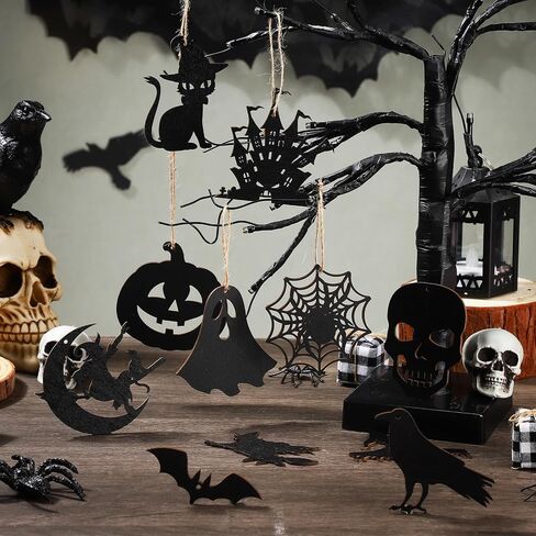 Tradder 36 Pcs Halloween Tree Ornaments Hanging Ornaments Wooden Halloween Decorations with Ropes Hanging Tag Pumpkin Ghost Witch Hat Pendant Hanging Signs for Party Decor DIY Crafts in Kuwait