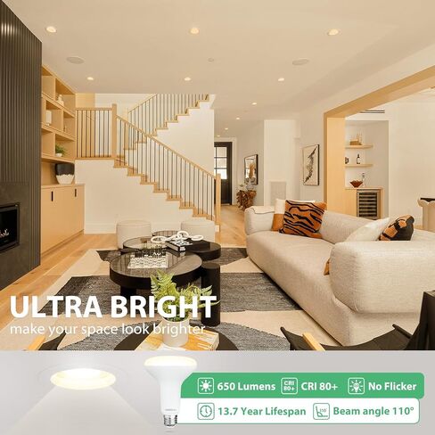 12 Pack BR30 LED Recessed Light Bulb, Dimmable Indoor Flood Light Bulbs CRI80 7W Equivalent 65W 2700K Soft White 650 Lumens, 15000 Lifetime Hours E26 Base LED Can Light Bulb, Flicker-Free in Kuwait