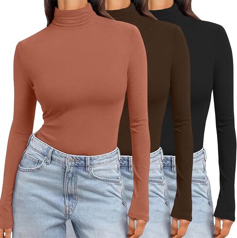Ekouaer Women's 3 Pack Turtleneck Long Sleeve Shirts Slim Fit Thermal Underwear Tops Lightweight Pullover Tees in Saudi Arabia