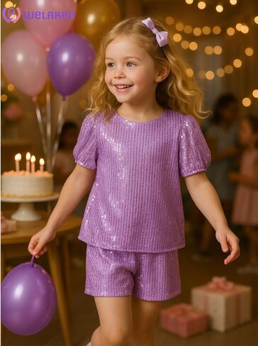 WELAKEN Girls 2 Piece Sequin Summer Outfits Kid Toddler Puff Sleeves Top and Shorts Set with Pockets in Saudi Arabia