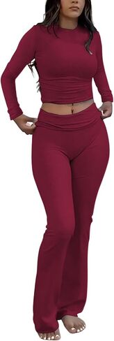 Casual Workout Two Piece Outfits Long Sleeve High Waist Fold-over Flare Flared Leggings Pants Tracksuit Sets Streetwear in Kuwait