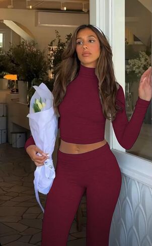 Casual Workout Two Piece Outfits Long Sleeve High Waist Fold-over Flare Flared Leggings Pants Tracksuit Sets Streetwear in Kuwait