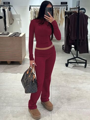 Casual Workout Two Piece Outfits Long Sleeve High Waist Fold-over Flare Flared Leggings Pants Tracksuit Sets Streetwear in Kuwait