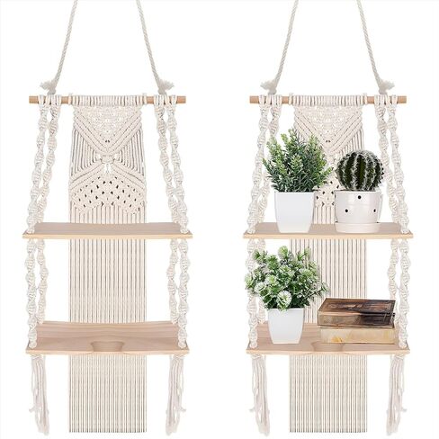 2 Pack Macrame Wall Hanging Shelf 2 Tier Handmade Boho Hanging Wall Shelf Floating Woven Rope Hanging Shelves Decorative Storage Racks Holder Organizer for Home Bedroom Bathroom Plants, Beige in Saudi Arabia
