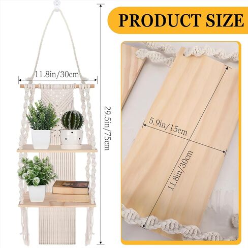 2 Pack Macrame Wall Hanging Shelf 2 Tier Handmade Boho Hanging Wall Shelf Floating Woven Rope Hanging Shelves Decorative Storage Racks Holder Organizer for Home Bedroom Bathroom Plants, Beige in Saudi Arabia