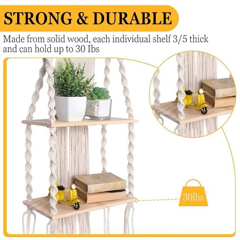 2 Pack Macrame Wall Hanging Shelf 2 Tier Handmade Boho Hanging Wall Shelf Floating Woven Rope Hanging Shelves Decorative Storage Racks Holder Organizer for Home Bedroom Bathroom Plants, Beige in Saudi Arabia