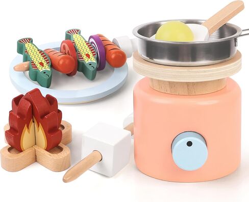 Pillowhale Wooden Picnic Basket Playset Toy,Pretend Play Food Sharing Playset with Cutting Fruits, Kids Imagination Play for Girls Boys Toddlers 3 Years Old and Up in Kuwait