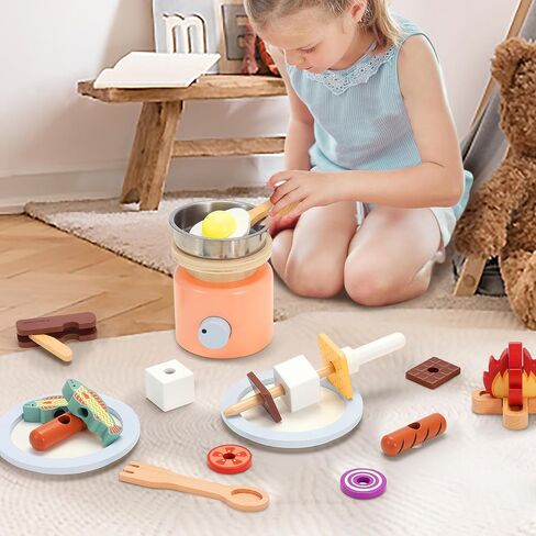 Pillowhale Wooden Picnic Basket Playset Toy,Pretend Play Food Sharing Playset with Cutting Fruits, Kids Imagination Play for Girls Boys Toddlers 3 Years Old and Up in Kuwait