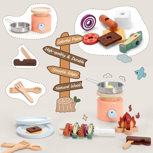 Pillowhale Wooden Picnic Basket Playset Toy,Pretend Play Food Sharing Playset with Cutting Fruits, Kids Imagination Play for Girls Boys Toddlers 3 Years Old and Up in Kuwait