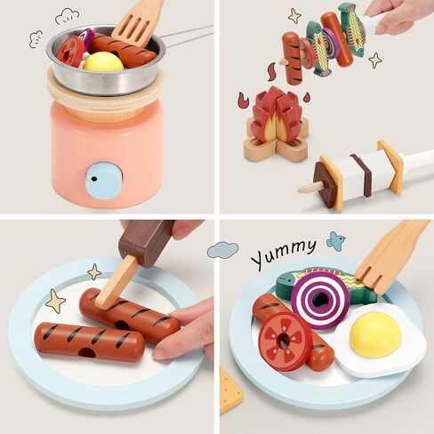 Pillowhale Wooden Picnic Basket Playset Toy,Pretend Play Food Sharing Playset with Cutting Fruits, Kids Imagination Play for Girls Boys Toddlers 3 Years Old and Up in Kuwait