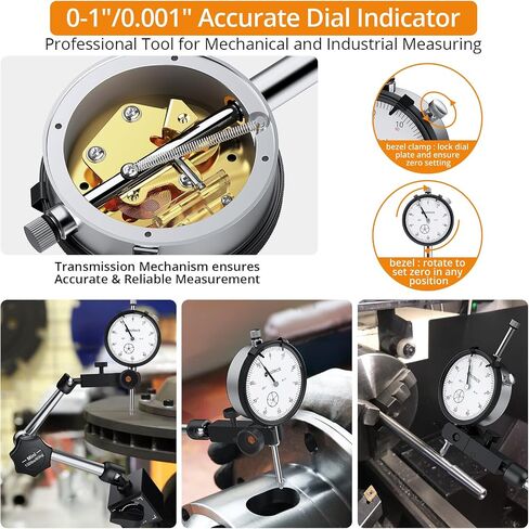 Neoteck 0-1 Inch Dial Indicator with Magnetic Base Holder, Storage Case, Graduation 0.001", 3/8" Stem Dia., 176lbs (80kg) Max Pull, for 3D Printer Lathe Workshop Woodworking CNC Machine-Silver in Saudi Arabia