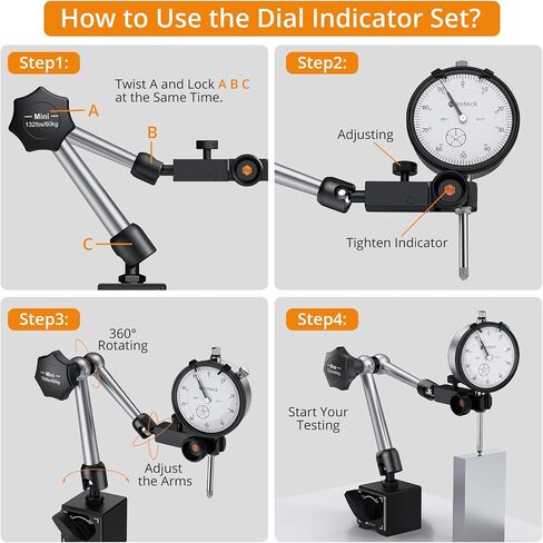 Neoteck 0-1 Inch Dial Indicator with Magnetic Base Holder, Storage Case, Graduation 0.001", 3/8" Stem Dia., 176lbs (80kg) Max Pull, for 3D Printer Lathe Workshop Woodworking CNC Machine-Silver in Saudi Arabia