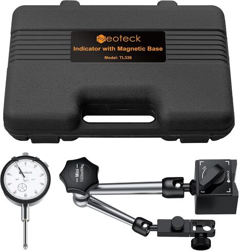 Neoteck 0-1 Inch Dial Indicator with Magnetic Base Holder, Storage Case, Graduation 0.001", 3/8" Stem Dia., 176lbs (80kg) Max Pull, for 3D Printer Lathe Workshop Woodworking CNC Machine-Silver in Saudi Arabia