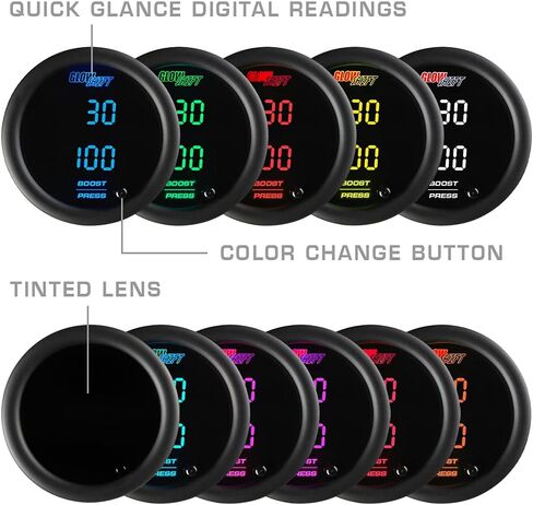 GlowShift 10 Color Digital Dual Dual Boost/Vacuum and Pressure Kit - تشمل أجهزة استشعار إلكترونية - شاشات LED متعددة الألوان - عدسة ملونة - 2-1/16 "(52 مم) in Saudi Arabia