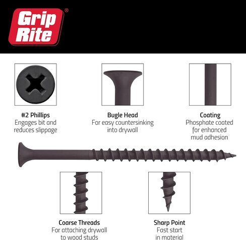 Grip-Rite 158CDWS5 #6 X 1-5/8 بوصة فيليبس بوغل رئيس خشن خيط حاد نقطة دريوال برغي، صندوق 5 رطل in Saudi Arabia