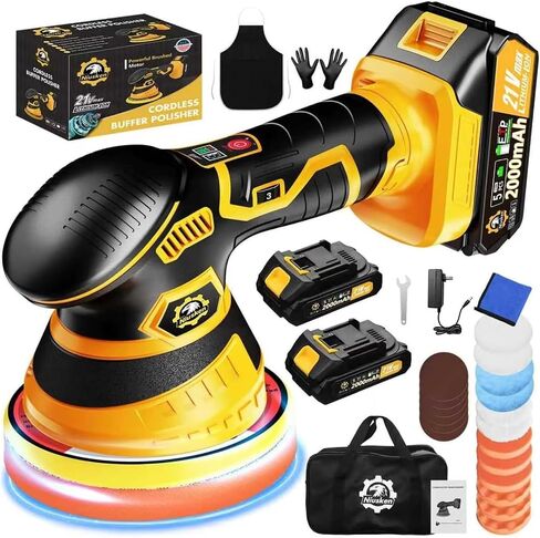 Cordless Car Buffer Polisher kit [2X 2000mAh 21V Batteries & 18 PCS Attachments] 6-Speed Orbital Design, LED Display, 6 Inch Lightweight Detailing Tool for Waxing, Polishing & Scratch Removal in Saudi Arabia