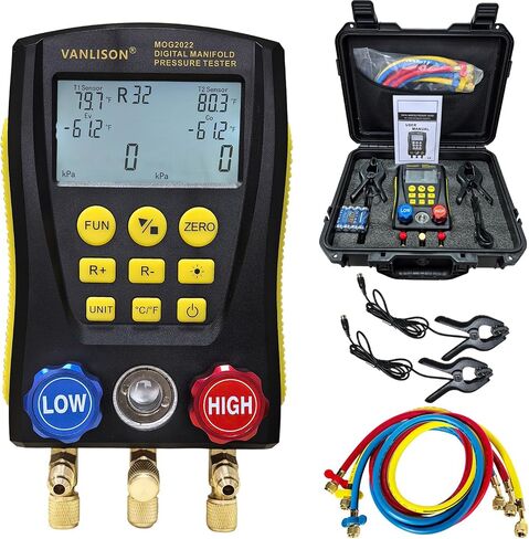 Pro-Grade Digital Manifold Gauge Set – HVAC Gauges AC Refrigerant Diagnostic Tool w/92 Refrigerant Database, Dual Temp & Pressure Sensors, Vacuum & Leak Test, Backlit LCD in Saudi Arabia