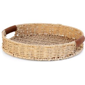 Handwoven, Multipurpose Rectangle Rattan Tray, 20" x 12" – Durable Wicker Tray with Leather Handles for Home Decor Display or Fruit and Vegetable Storage Tray in Kuwait
